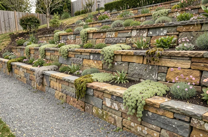 Garten in Ebenen, strukturiert durch Trockenmauern mit alpinen Pflanzen und Sedum in Kaskade