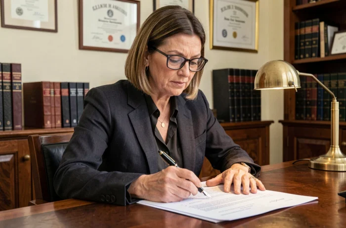 Notaire française examinant un contrat d'union légale dans un cabinet notarial, illustration des obligations légales du code civil