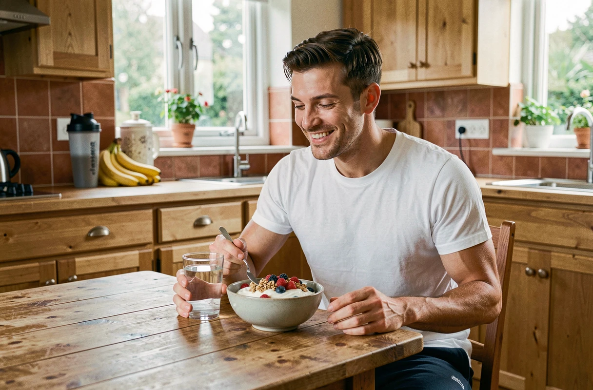 Sportif savourant un repas de récupération nutritif à base de yaourt et de fruits frais après l'entraînement