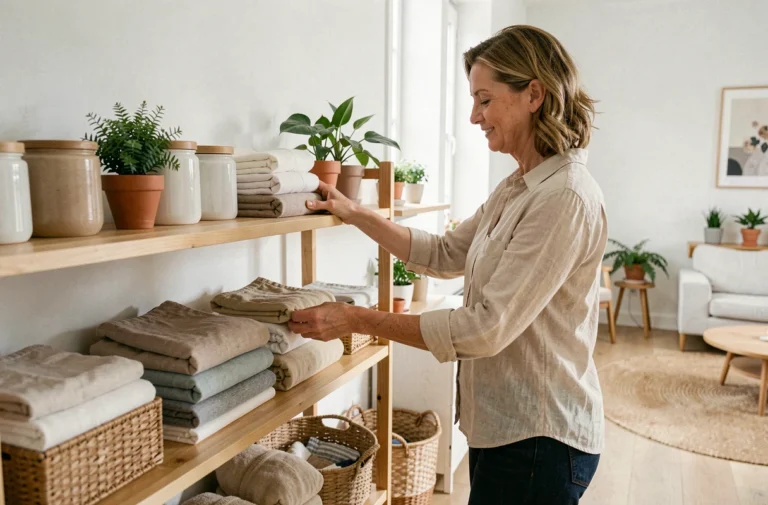 Femme organisant une étagère en bois avec des rangements décoratifs dans un salon scandinave épuré