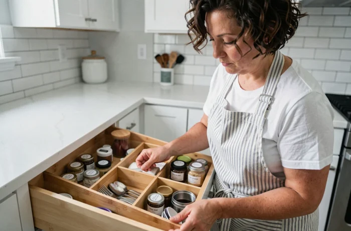 Femme organisant un tiroir de cuisine avec des séparateurs en bambou et des contenants étiquetés
