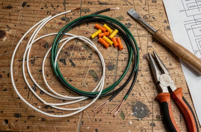 Vue de dessus des outils et fils électriques blanc et noir pour le branchement sécurisé d'un luminaire sur un établi en bois