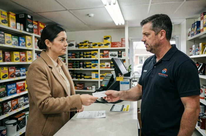 Femme remettant un chèque à un caissier de station-service au comptoir intérieur