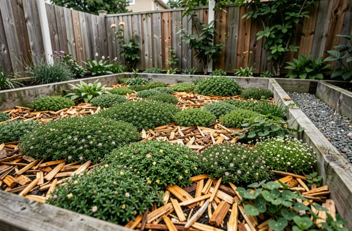 Kleiner Garten mit Rasen, ersetzt durch eine lebende Mulchbedeckung aus Klee, kriechendem Thymian und Holzspänen