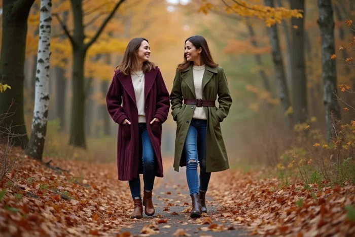 Deux femmes en cardigan prune et trench vert mousse se promenant en forêt, tendances couleurs mode automne hiver 2025
