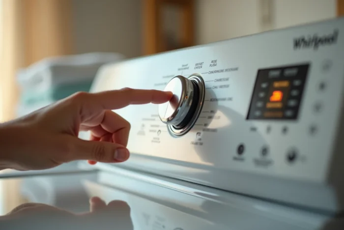 Gros plan sur le panneau de commande d'un sèche-linge Whirlpool avec bouton de réinitialisation