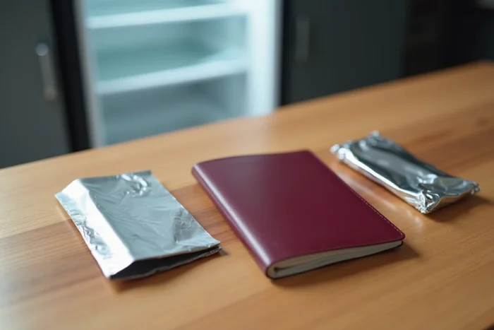 Passeport ouvert posé sur un comptoir avec des étuis anti-RFID et du papier aluminium pour comparer les méthodes de protection
