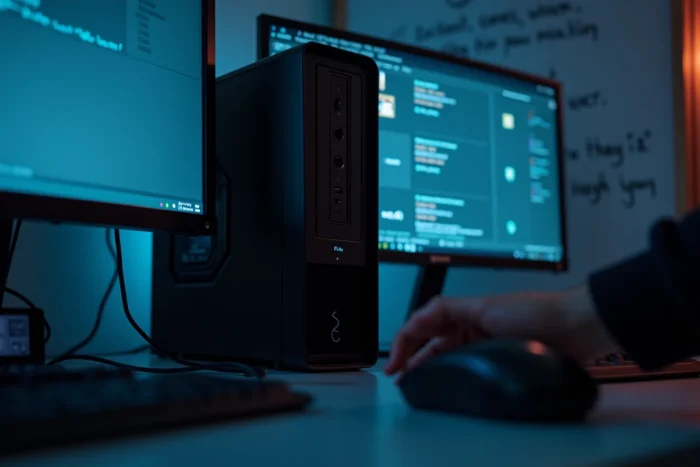Ordinateur de bureau avec disque dur externe et fichiers d'installation de jeu visibles sur l'écran