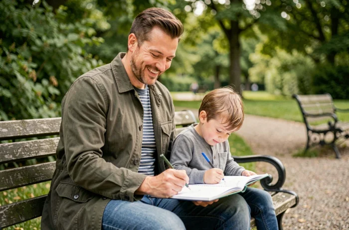 Père et enfant partageant un moment complice dans un parc public français