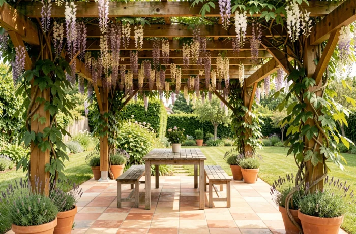Begrünte Holzpergola mit Glyzinie und Sternjasmin, die einen schattigen Außenbereich um einen Gartentisch schafft