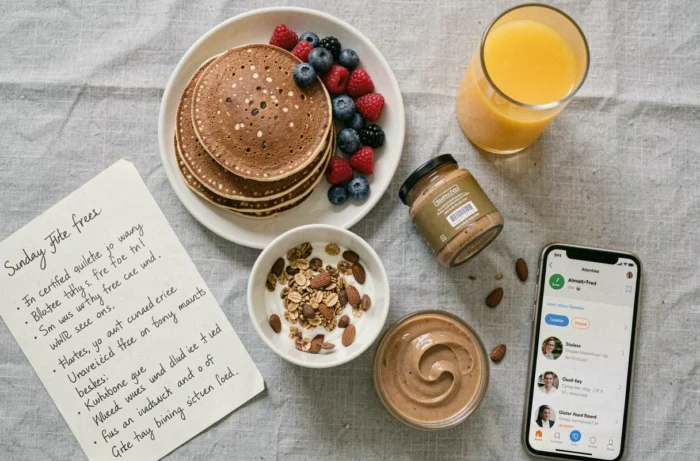 Petit-déjeuner sans gluten avec crêpes au sarrasin, granola et fruits frais en vue du dessus