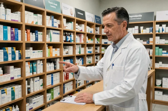 Pharmacien présentant des produits CeraVe en pharmacie, contexte de questionnement sur le rachat par L'Oréal