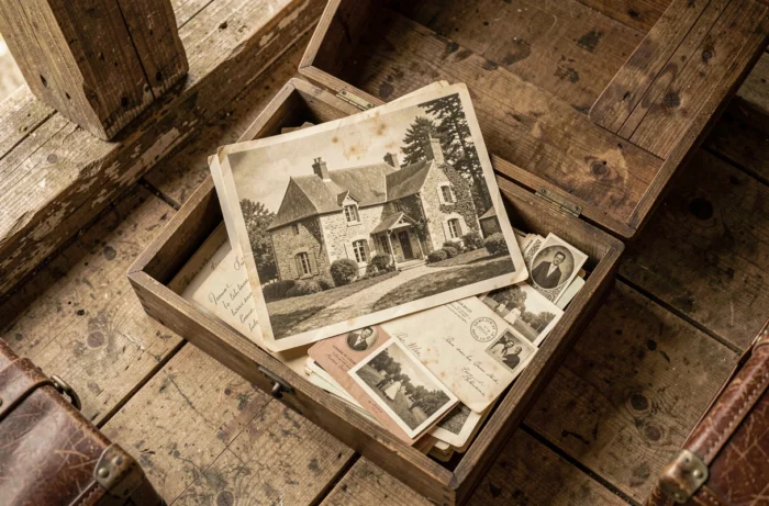 Une ancienne photographie d'une maison familiale en pierre posée sur une boîte en bois remplie de lettres et souvenirs dans un grenier