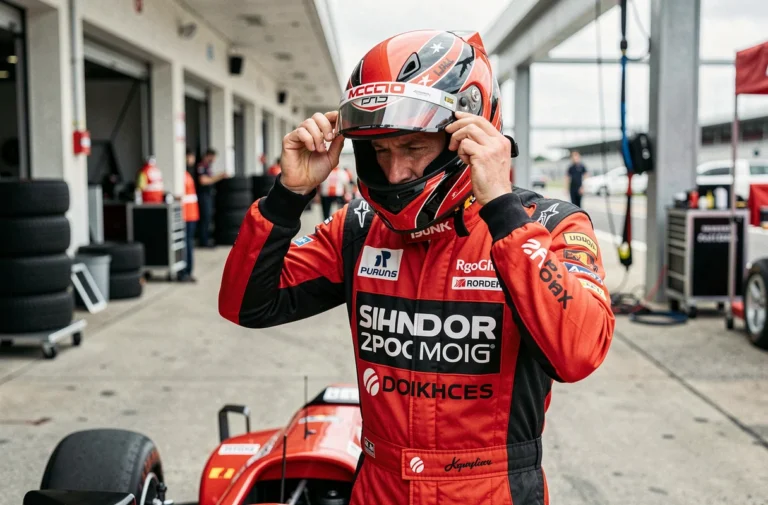 Pilote de course ajustant son casque avant un stage de pilotage sur circuit professionnel
