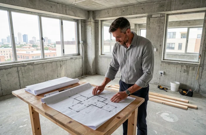 Homme examinant des plans architecturaux dans un appartement en rénovation avec vue sur la ville