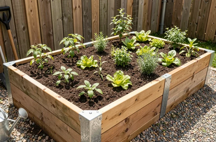 Erhöhtes Gemüsebeet aus Zedernholz, gefüllt mit Tomatenpflanzen, Salaten und Kräutern in einem Wohngebiet