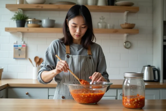 Jeune femme préparant et mettant en bocal du kimchi fait maison dans une cuisine moderne avec des outils de fermentation sécurisée
