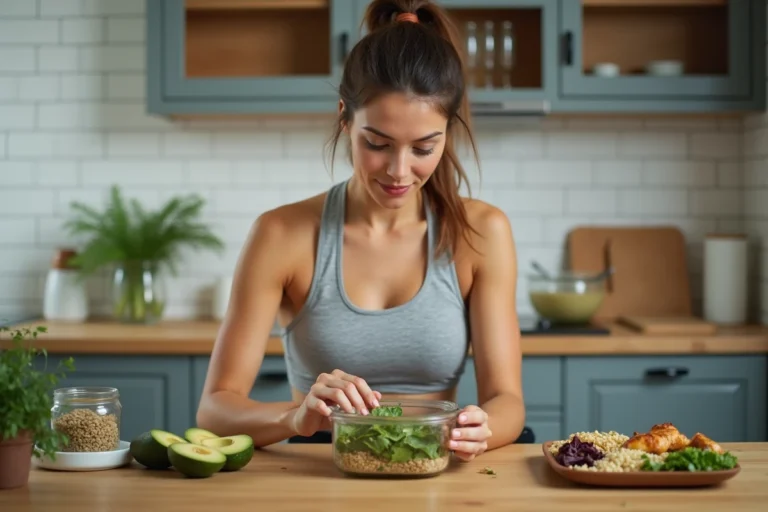 Sportive préparant un repas équilibré avec protéines, légumes et céréales complètes pour optimiser ses performances sportives