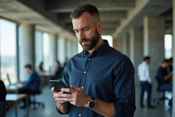 Professionnel consultant l'application Rabitfinder sur smartphone dans un espace de coworking urbain