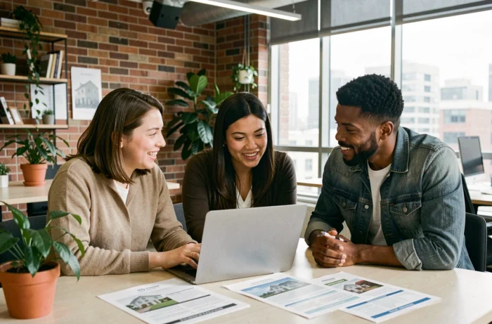 Groupe de professionnels discutant d'opportunités d'investissement immobilier autour d'un ordinateur portable