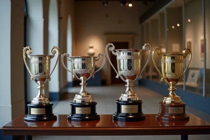 Les quatre trophées des Grands Chelems réunis sur une table lors d'une exposition de tennis