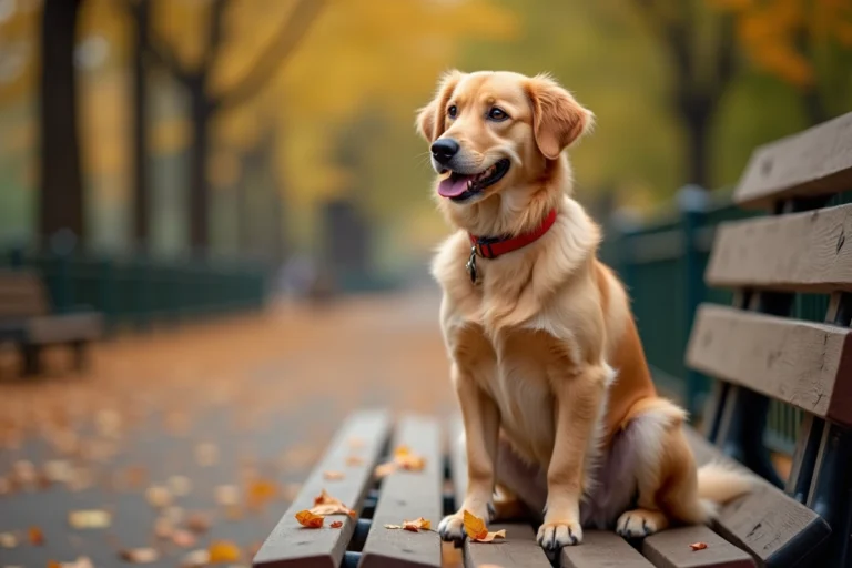 Chien de race enjoyphoenix assis sur un banc de parc en automne, regard attentif et collier rouge, ambiance naturelle et chaleureuse