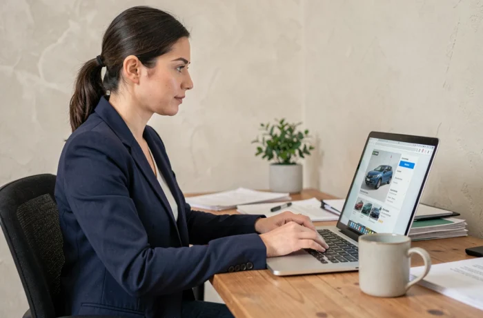 Femme recherchant une voiture d'occasion en ligne sur un ordinateur portable dans un bureau à domicile