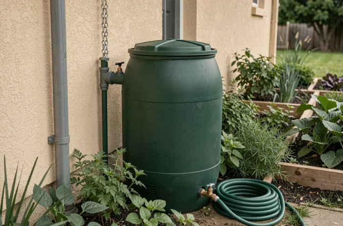 Regenwassersammelsystem mit grünem Tank, der an eine Dachrinne für die Gartenbewässerung angeschlossen ist