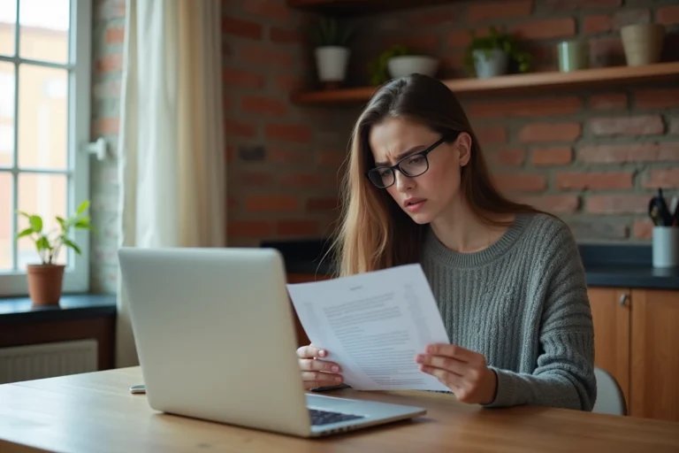 Jeune femme consultant un refus de garantie Visale avec un ordinateur portable sur une table en bois dans un appartement