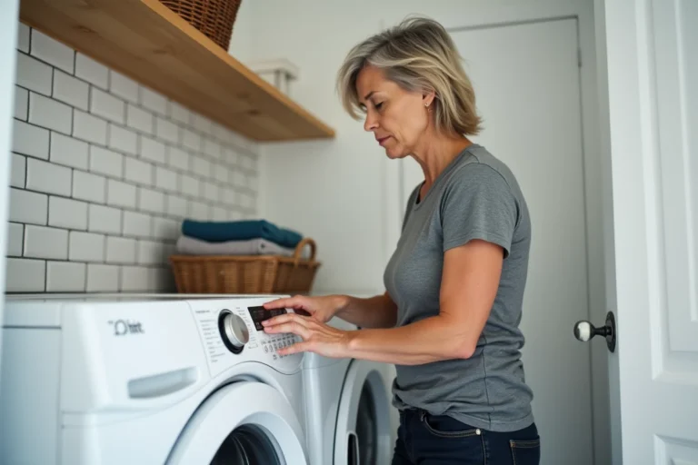 Femme appuyant sur le bouton de réinitialisation d'un sèche-linge Whirlpool dans une buanderie