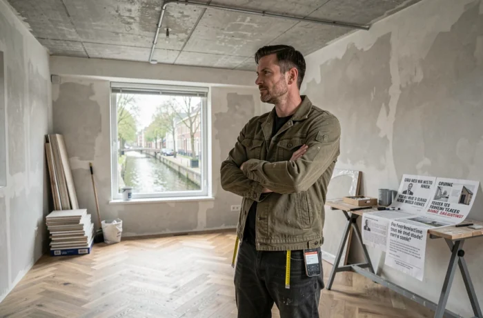 Propriétaire inspectant l'avancement des travaux de rénovation d'un appartement en cours de transformation à Gand avec vue sur canal