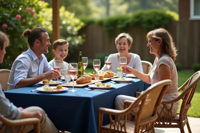 Repas en famille en extérieur autour d'une table recouverte d'une nappe anti UV bleu marine sur terrasse ensoleillée