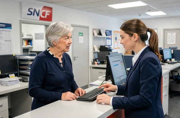 Femme retraitée en agence famille SNCF demandant de l'aide pour récupérer ses identifiants de connexion