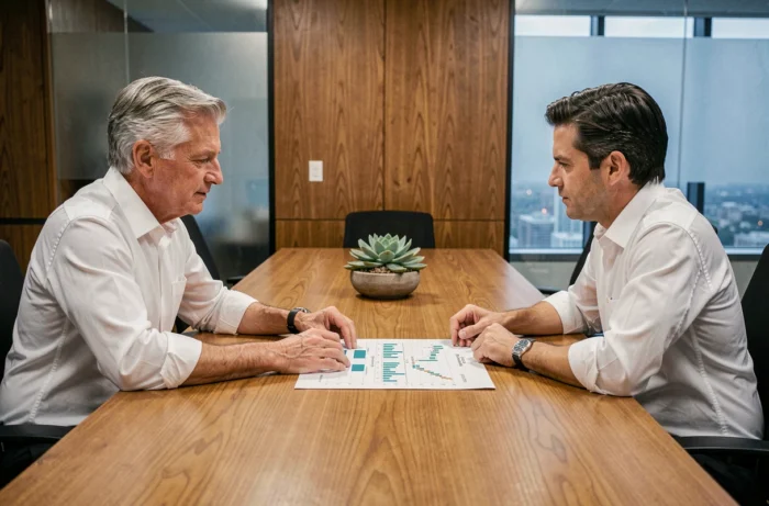Réunion entre un client et un conseiller en gestion de patrimoine sur mesure autour d'un plan d'investissement
