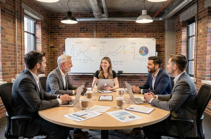Équipe de professionnels en réunion stratégique autour d'une table avec rapports financiers et ordinateurs dans une salle de conférence