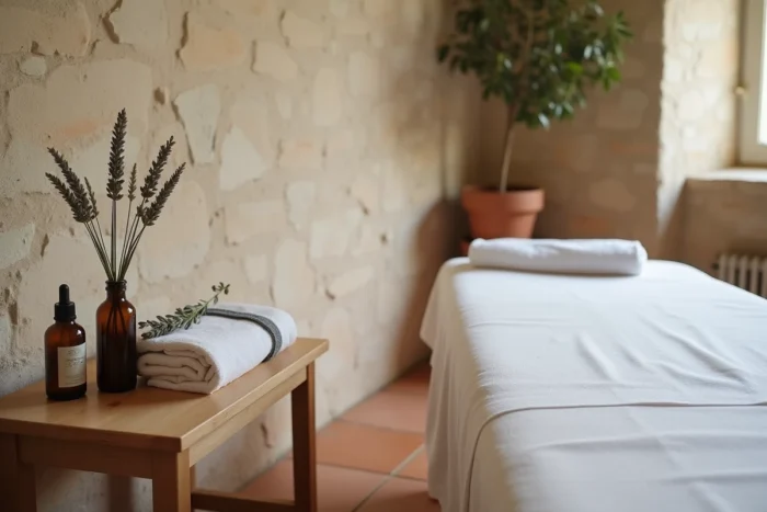 Salle de massage naturiste épurée avec murs en pierre de Provence, huiles essentielles et linge blanc dans un mas aixois