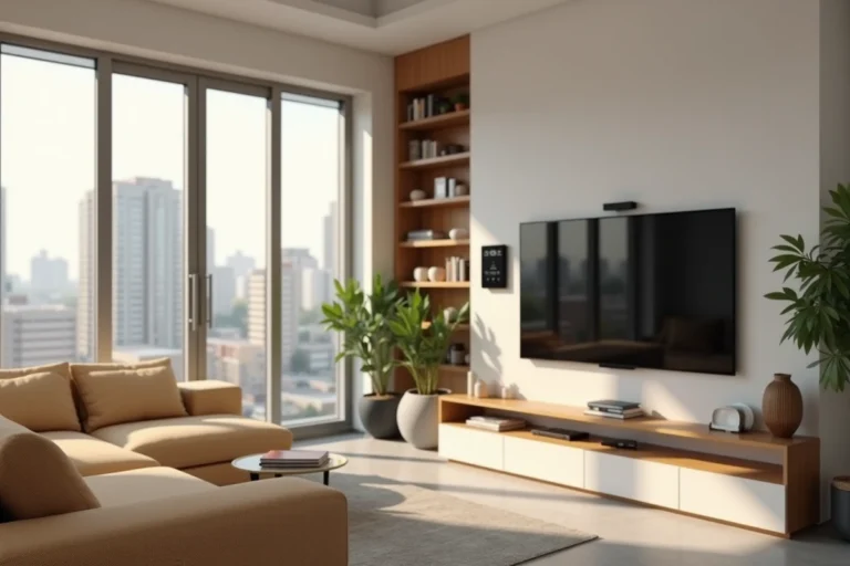 Salon moderne avec équipements connectés, thermostat intelligent et télévision intégrée dans une bibliothèque en chêne