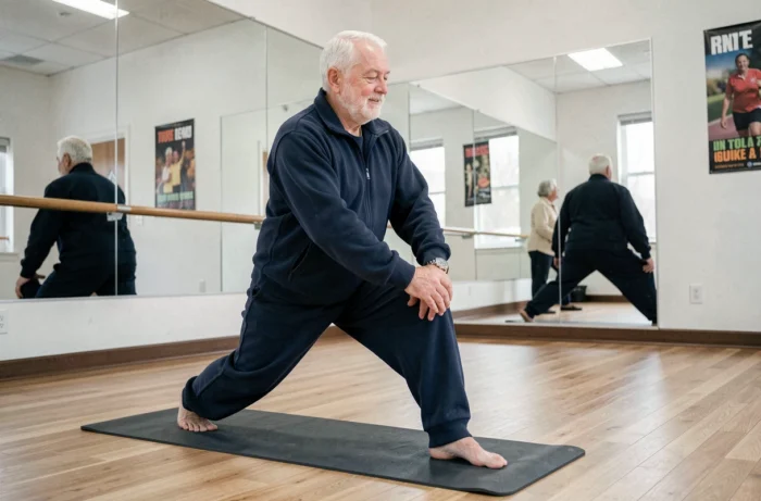 Senior homme âgé faisant des exercices d'étirement sur un tapis de yoga dans un centre de bien-être communautaire