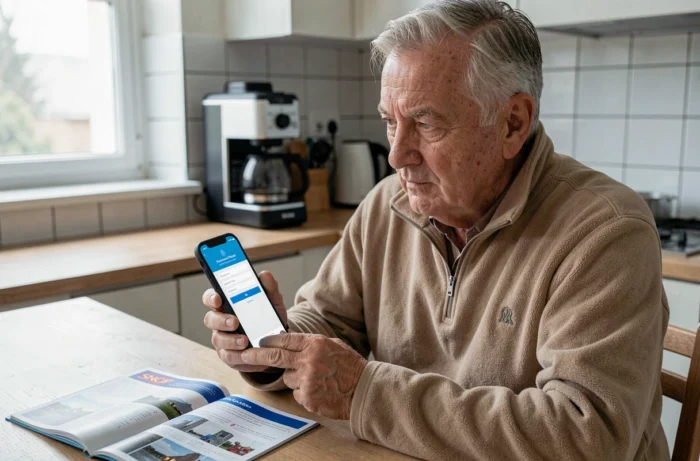 Senior retraité SNCF utilisant son smartphone pour réinitialiser ses identifiants perdus depuis sa cuisine