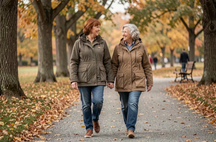 Deux seniors femmes se promenant ensemble dans un parc en automne pour leur bien-être et santé