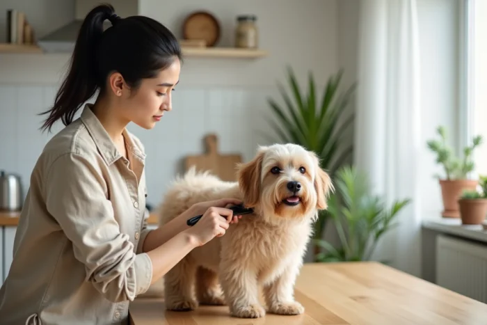Jeune femme brossant son chien de race enjoyphoenix sur une table en bois dans un intérieur moderne et lumineux