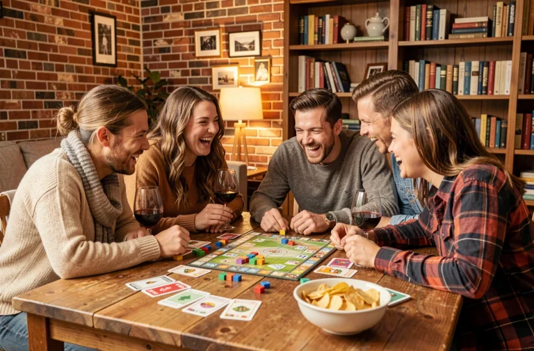 Groupe d'amis adultes riant autour d'une table de jeux de société lors d'une soirée conviviale