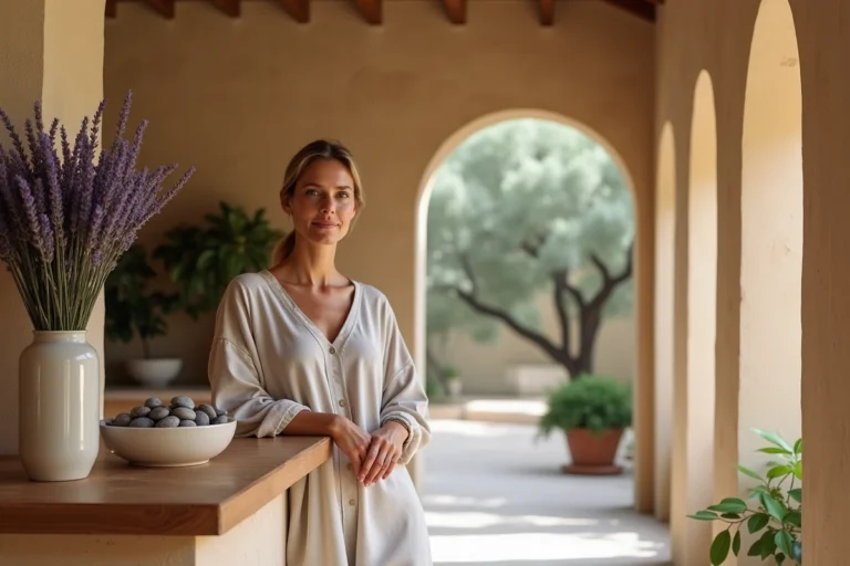 Réception d'un spa bien-être en pierre de Provence avec lavande séchée et ambiance naturelle apaisante à Aix-en-Provence
