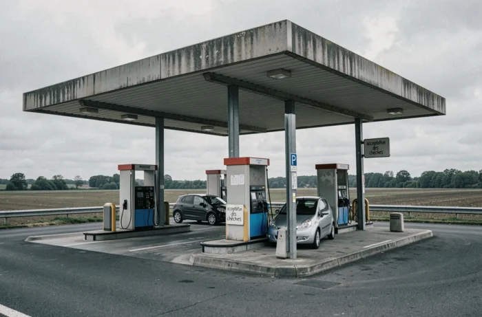 Vue extérieure d'une station-service française affichant l'acceptation des chèques comme moyen de paiement