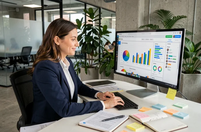 Femme professionnelle analysant une stratégie de communication digitale sur un écran d'ordinateur dans un bureau moderne