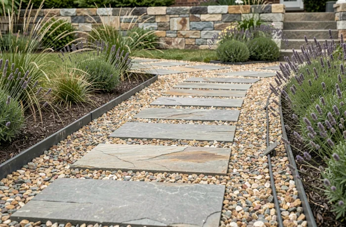 Gartenweg aus mineralischen, durchlässigen Flächen mit natürlichen Pflastersteinen und durchlässigem Kies