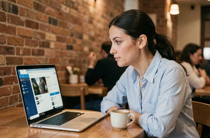 Femme téléchargeant une vidéo depuis internet sur son ordinateur portable Windows dans un café