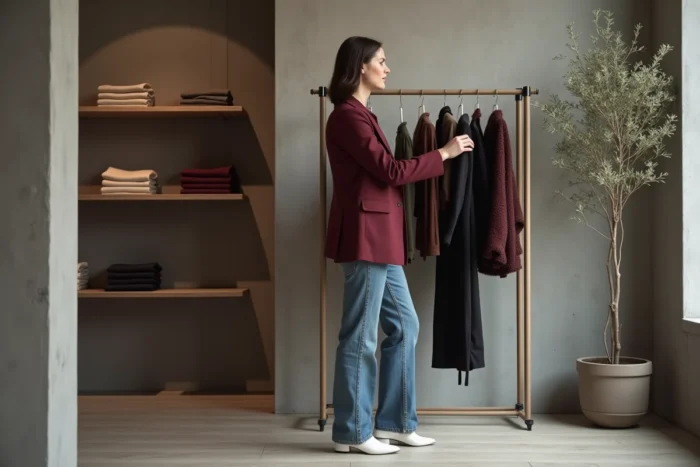Femme en blazer bordeaux et jean taille haute dans une boutique mode minimaliste au style scandinave, tendances mode automne-hiver