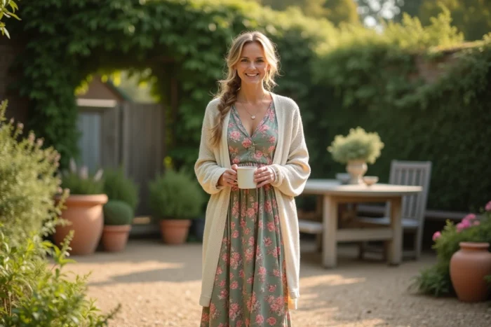 Femme en robe fleurie prairie et cardigan oversize dans un jardin champêtre, look mode bohème tendance printemps-été