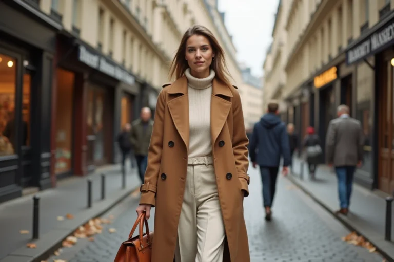 Femme élégante en trench coat camel et pantalon large marchant sur un trottoir parisien en automne, tendances mode femme saison